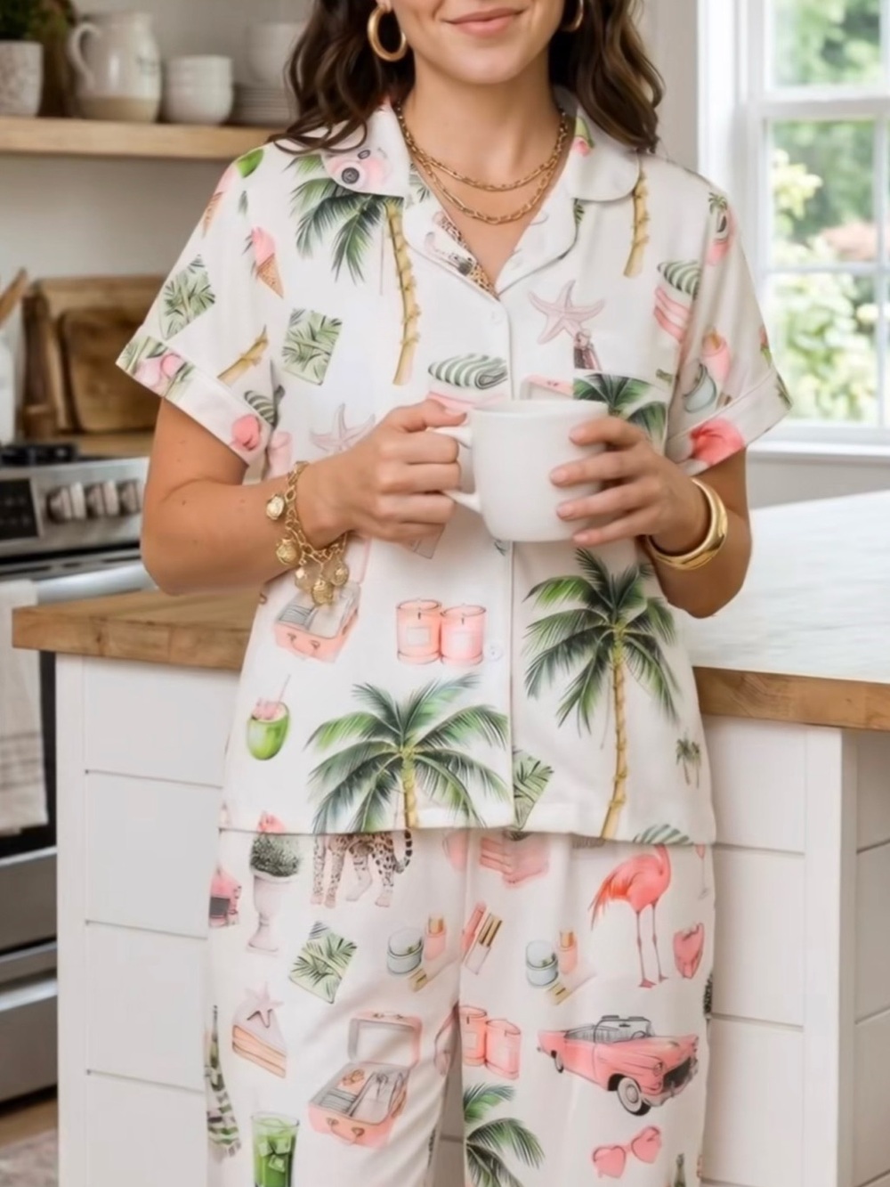 Women's Tropical Palm Short-Sleeve Pajama Set - White with Pink & Green Print XL